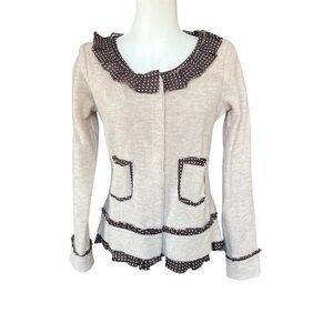 Anthropologie Sparrow Au Fait Cream Brown Polka Dot Ruffle Merino Wool Cardigan